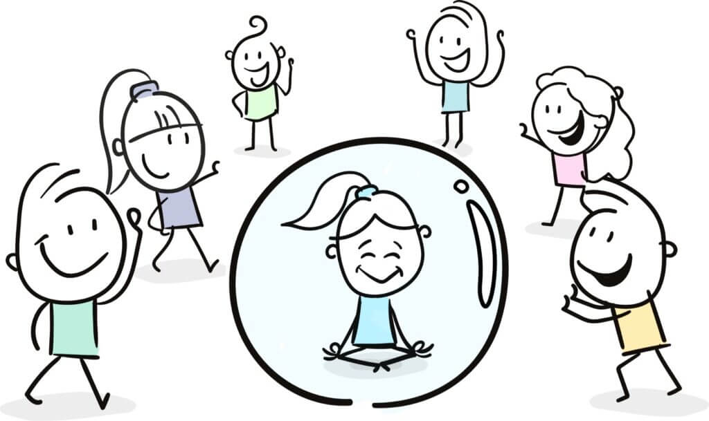 cartoon girl sitting in a bubble with people around her trying to get to her but she's peaceful in a yoga pose inside the bubble because she set boundaries.