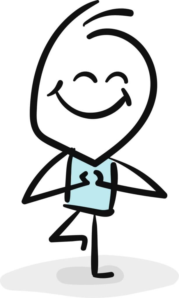 cartoon doodle person  balancing in a yoga tree pose with a peaceful smile on their face