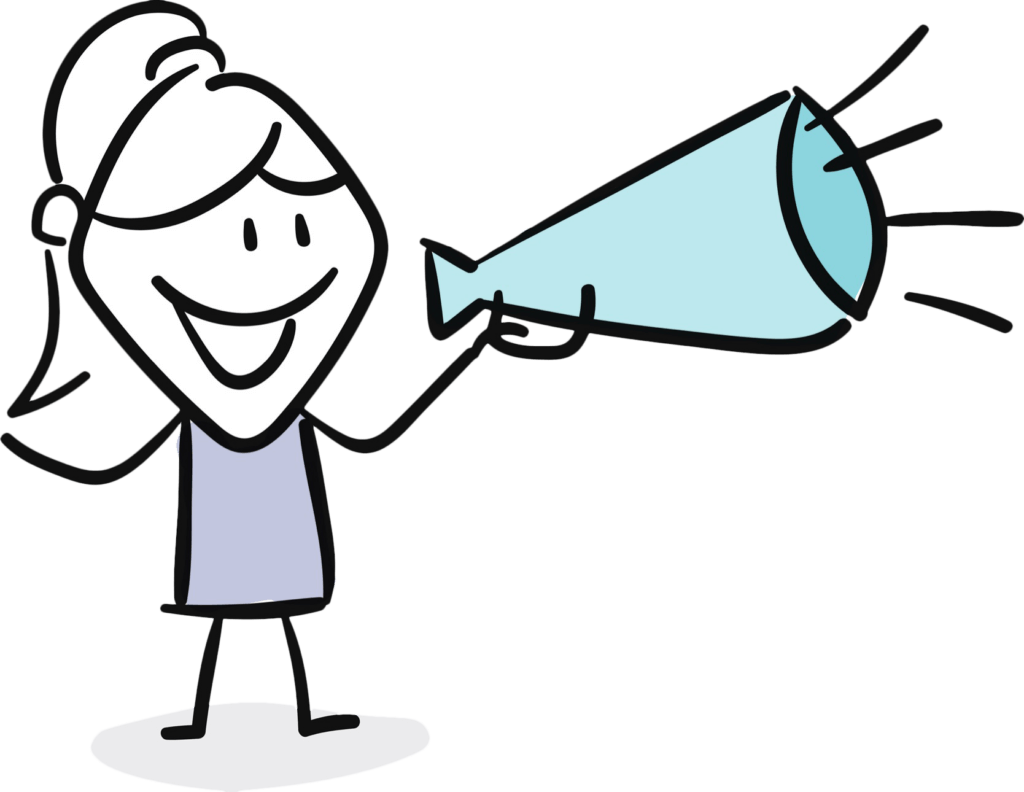 Cartoon girl holding a megaphone promoting herself