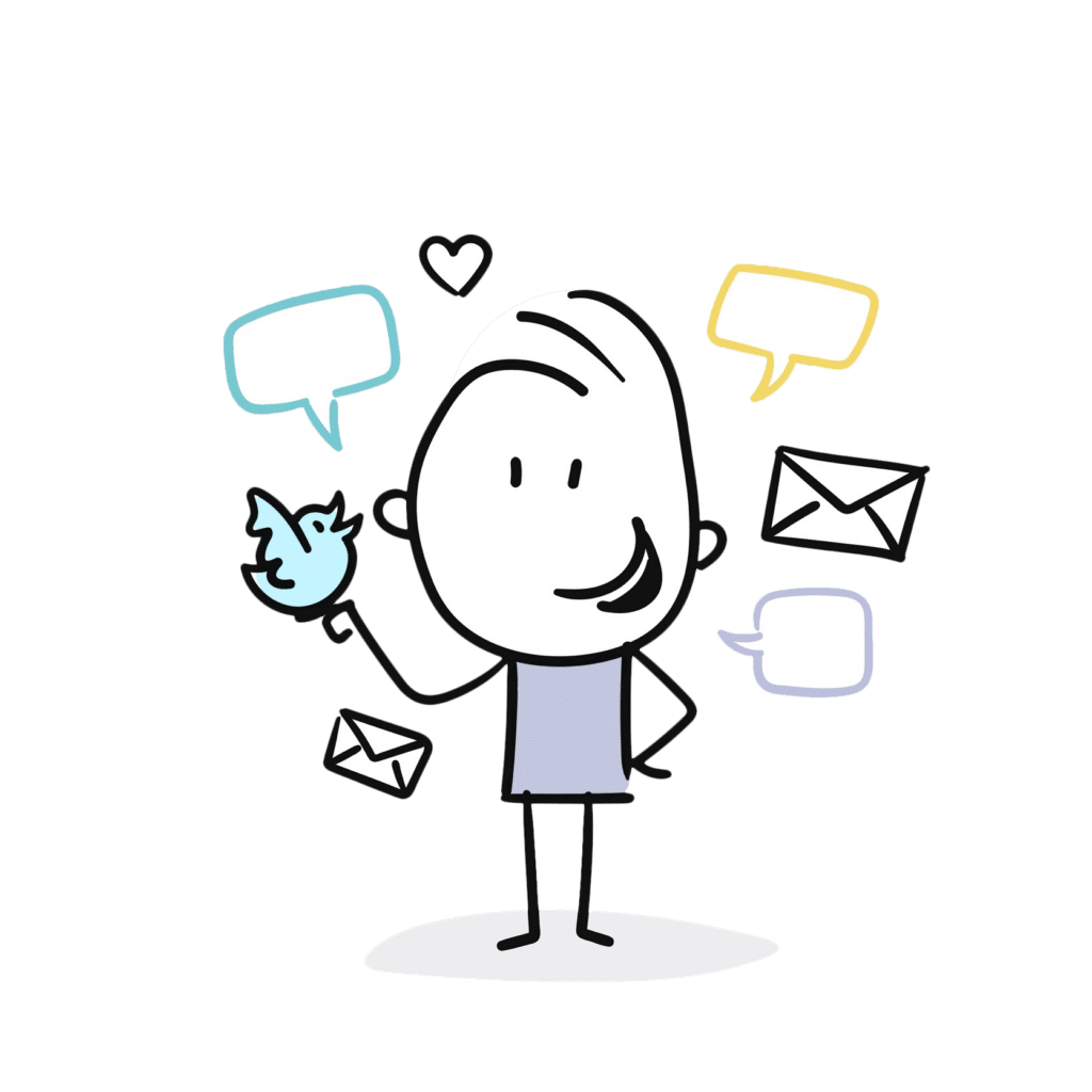 cartoon boy surrounded by speech bubbles, envelopes, hearts, holding a bird - engage with your audience