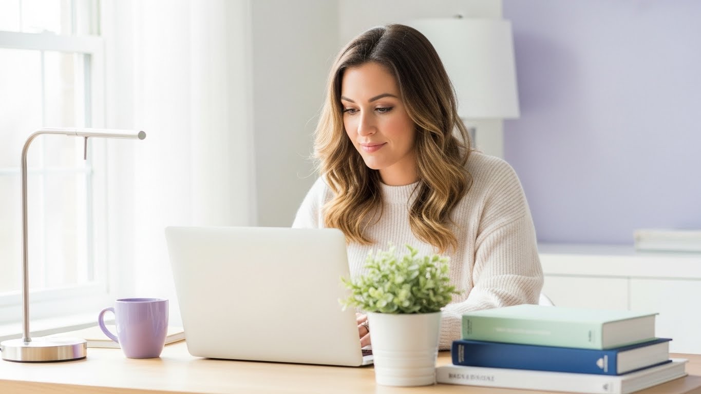 Woman with long light, brown hair using AI for content creation