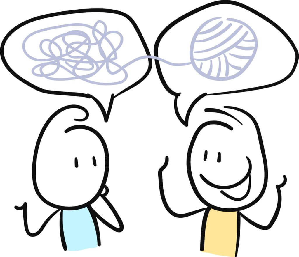 Cartoon with confused thoughts and another cartoon who is organizing those thoughts.