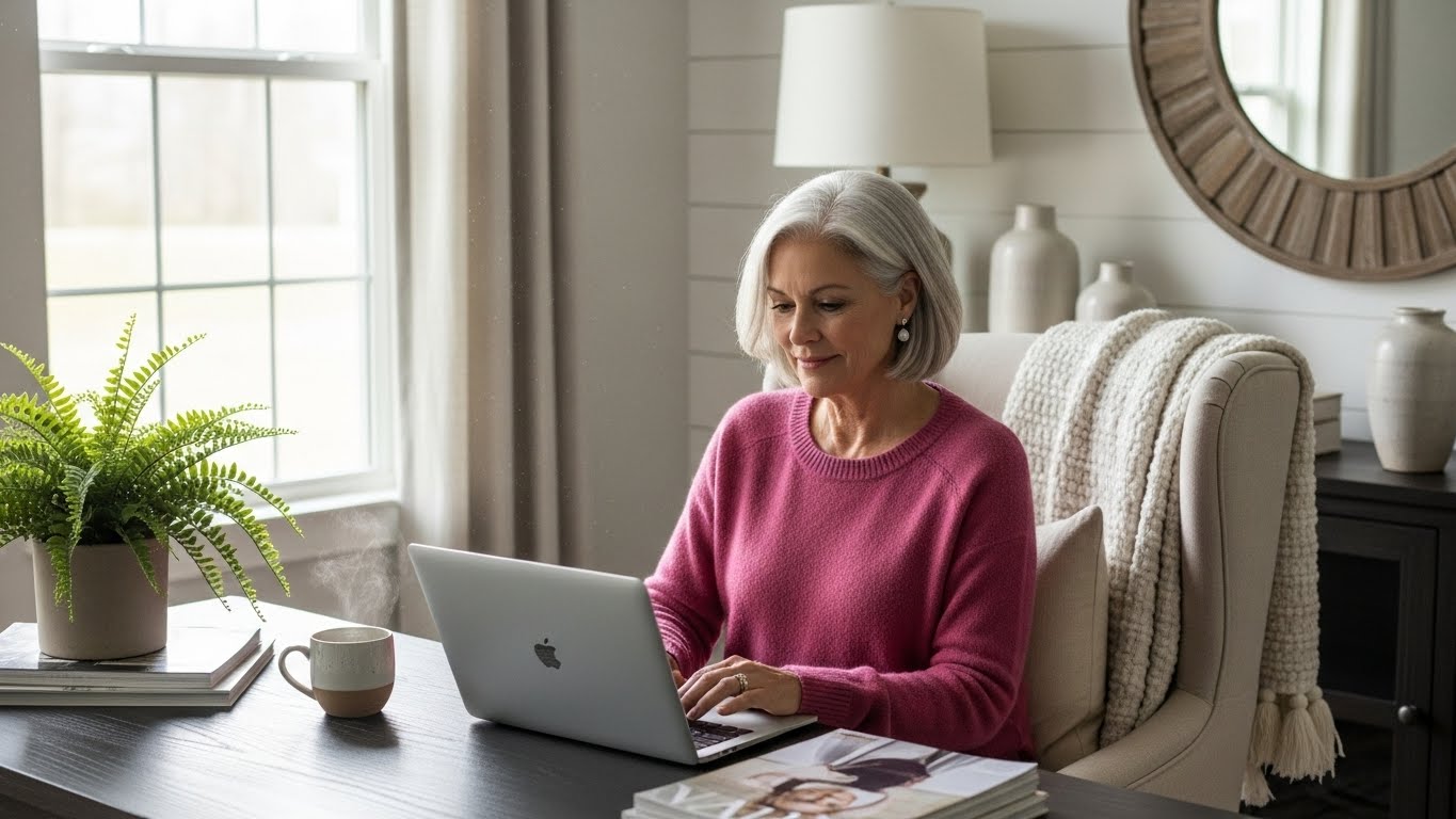 Woman working at her desk in a neutral beautiful office using AI to create content for her marketing