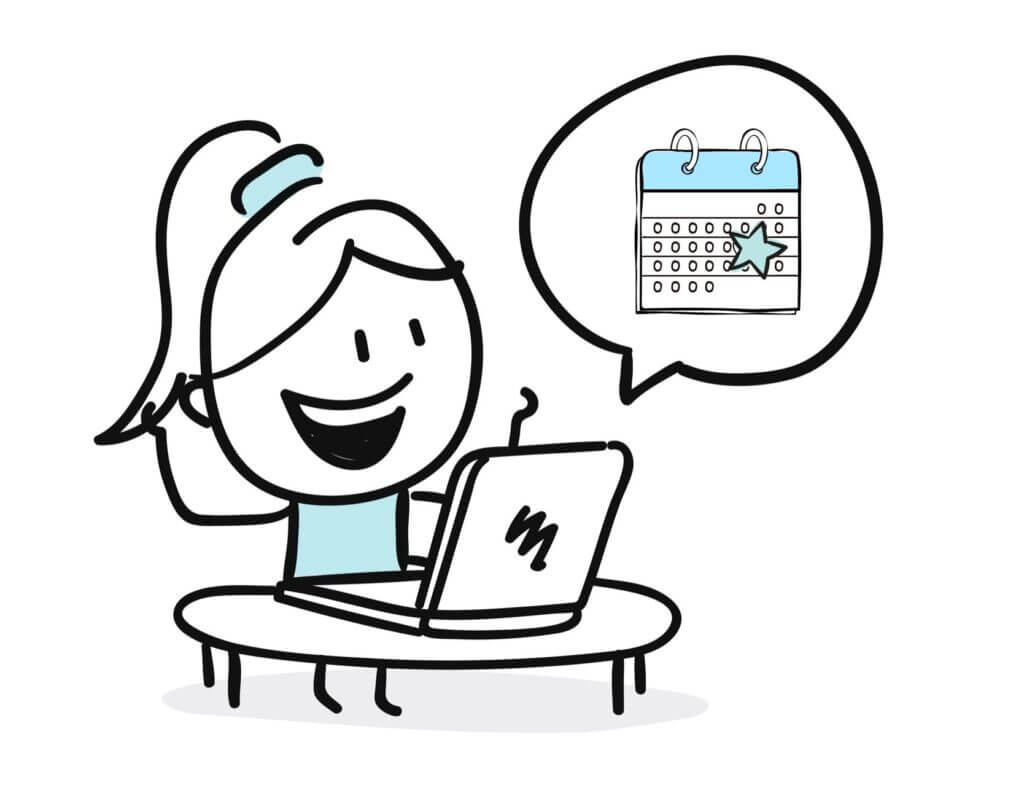 cartoon person happy sitting at a laptop with a speech bubble and calendar icon booking appointments