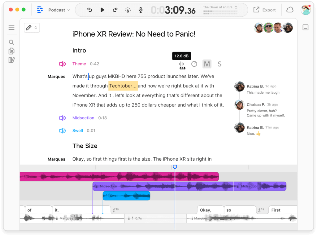 Screenshot of Descript video editor showing their collaboration features