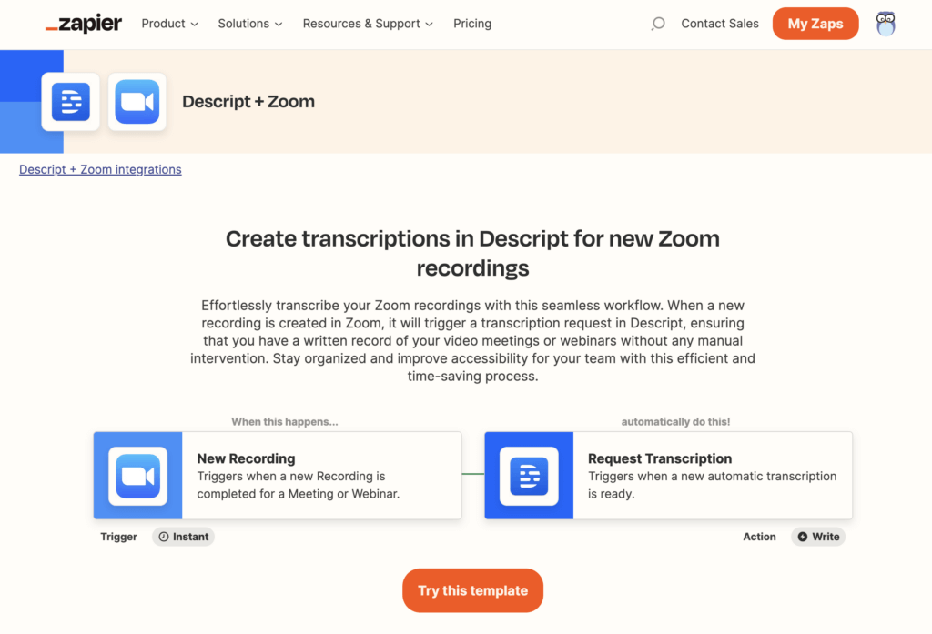 Screenshot of Zapier page showing the Descript and Zoom integration