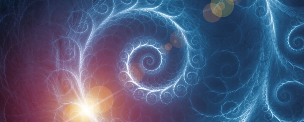 Beautiful spiral on a purple and blue background with glowing gold light in the background