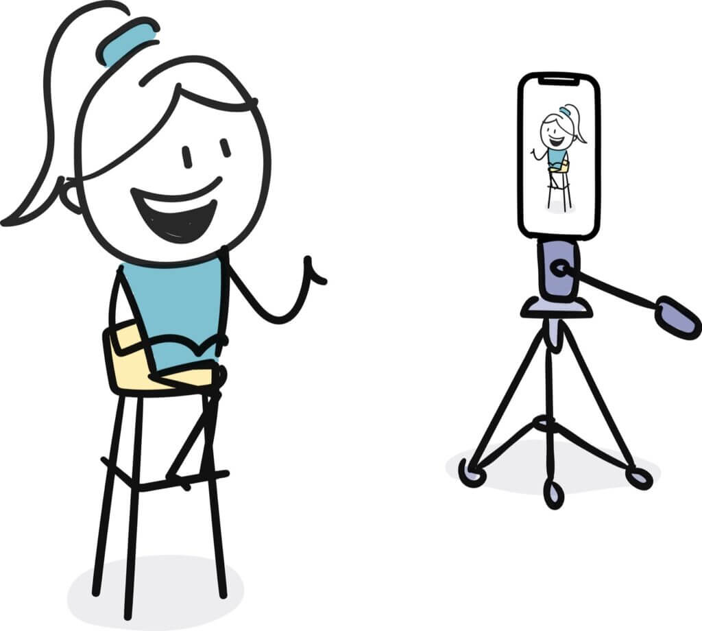 Cartoon doodle hand drawn image of a woman sitting on a stool in front of an iPhone on a tripod recording video content.