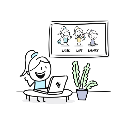 cartoon girl sitting a desk with a picture on the wall that says work, life, balance.