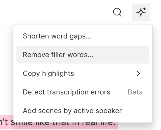 Screenshot of the magic Descript video editor showing the ability to remove filler words and shorten word gaps, etc. 
