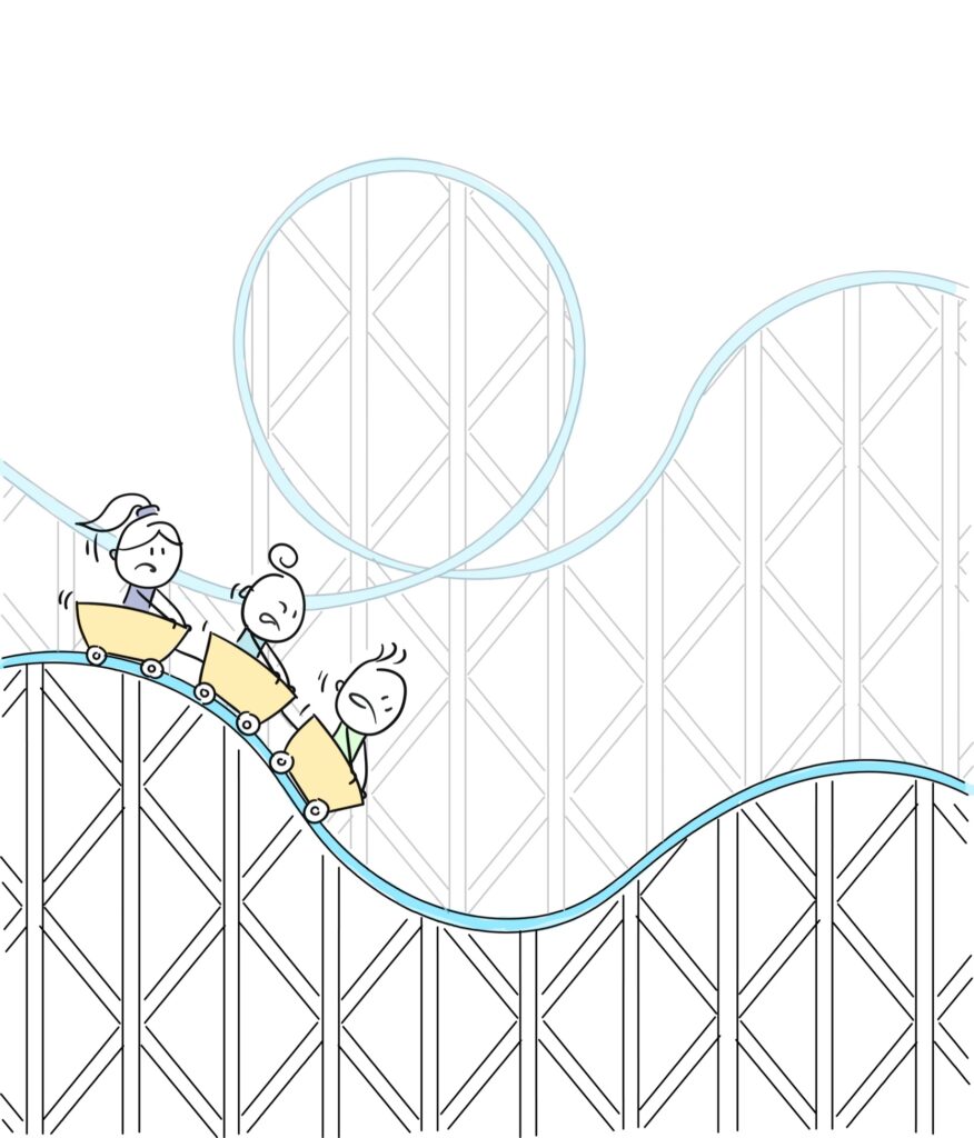 Cartoon of a roller coaster with 3 business owners about to go down hill. They are hanging on with both hands with scared expressions on their faces.