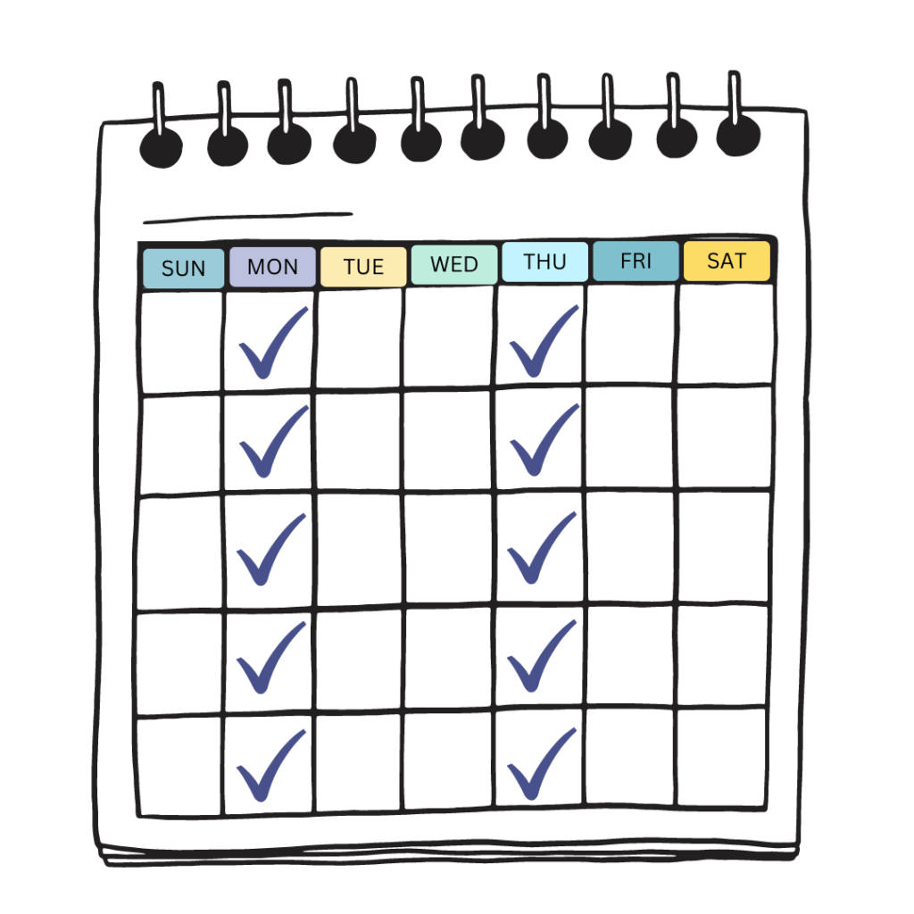 cartoon doodle of a calendar with spiral binding at the top and checkmarks on some of the days representing time blocking
