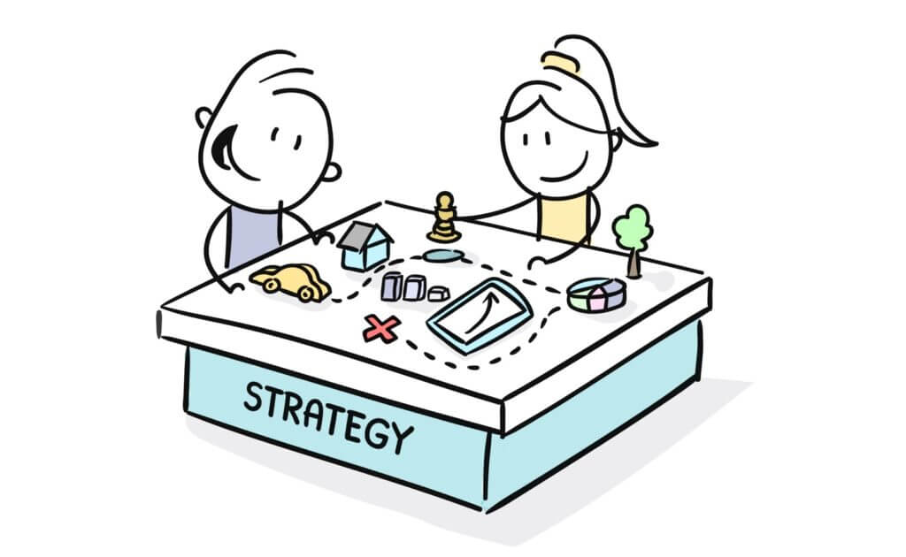 drawing of happy cartoon boy and girl mapping out a strategy