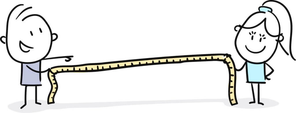 drawing of happy cartoon boy and girl with tape measure, measuring progress
