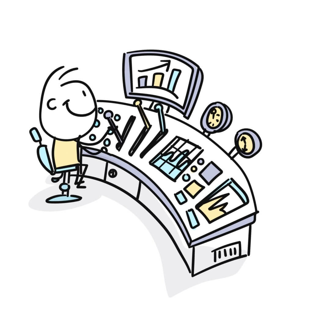 drawing of a happy cartoon boy sitting at a control center