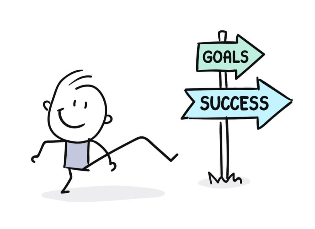 drawing of a happy cartoon boy stepping towards goals and success sign - making progress