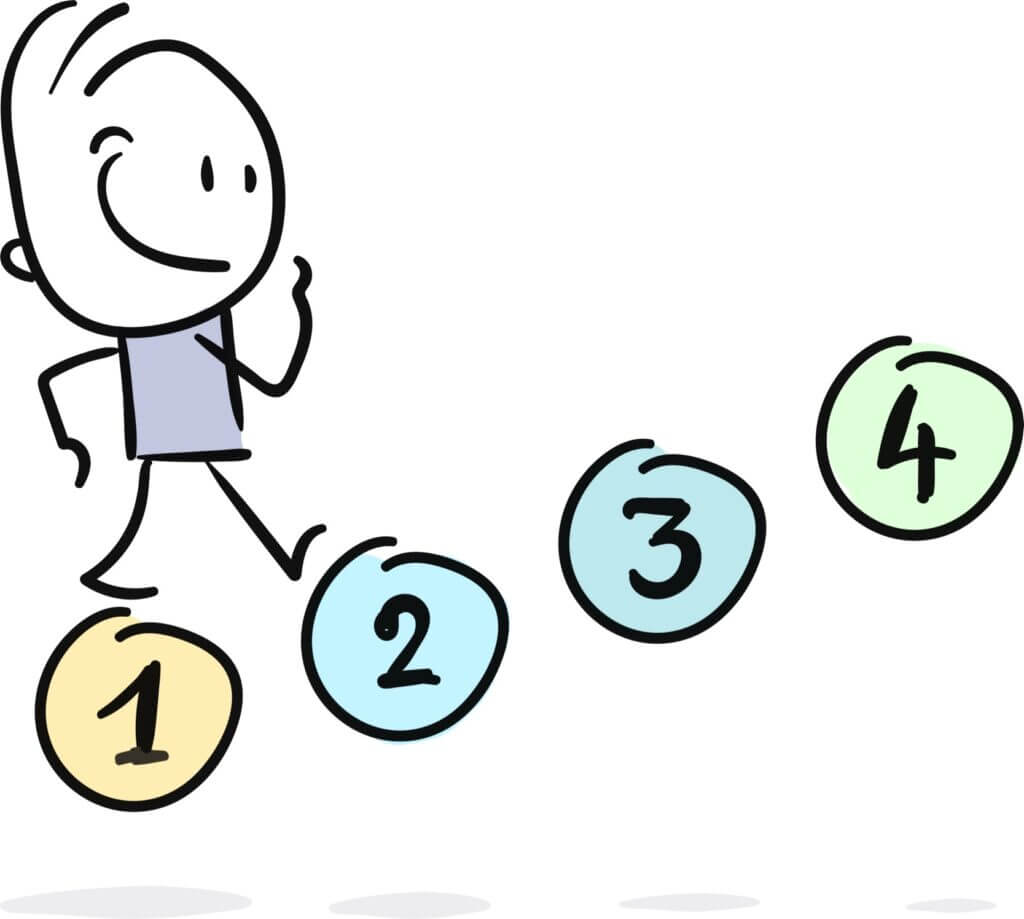drawing of a happy cartoon boy walking up numbers 1 2 3 4 - next steps