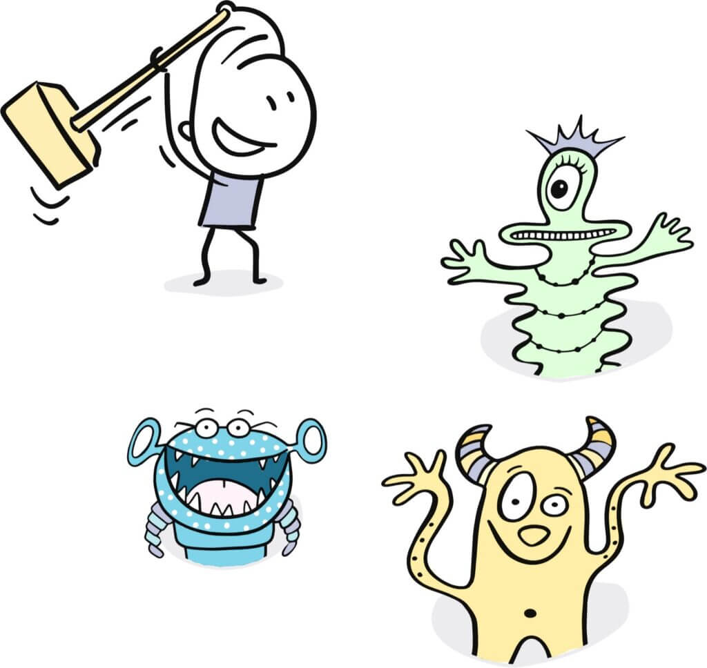 drawing of a happy cartoon boy with a mallet ready to whack-a-mole monsters representing challenges and obstacles