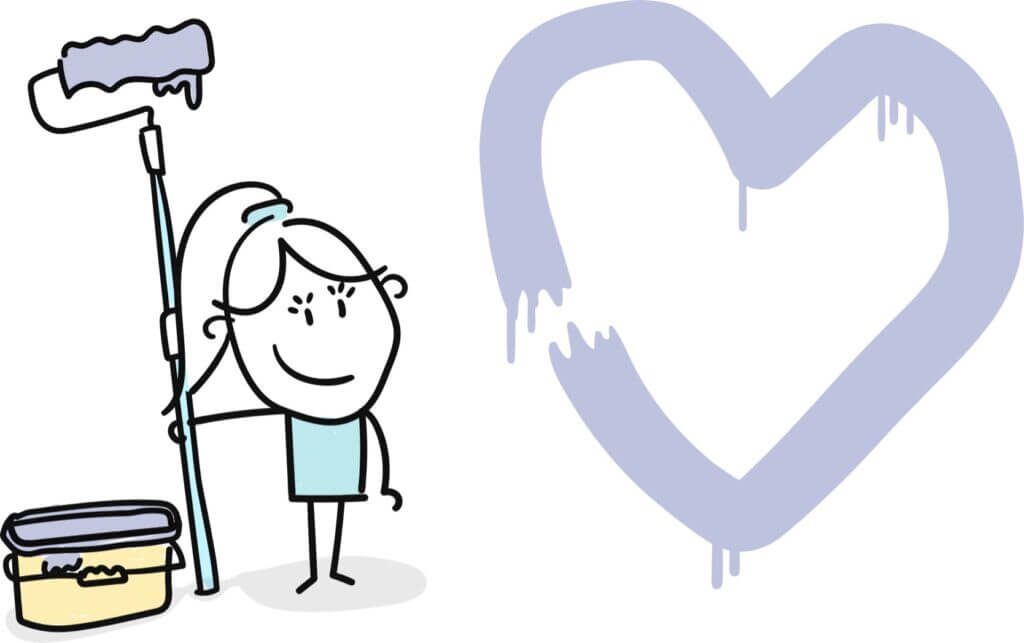 happy cartoon gril with a paint roller looking at a heart she painted - happy client testimonials