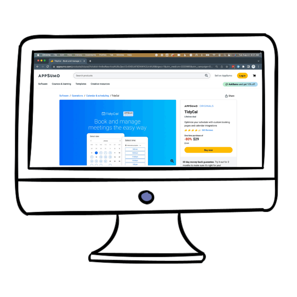 cartoon computer mockup showing the tidycal product page on appsumo