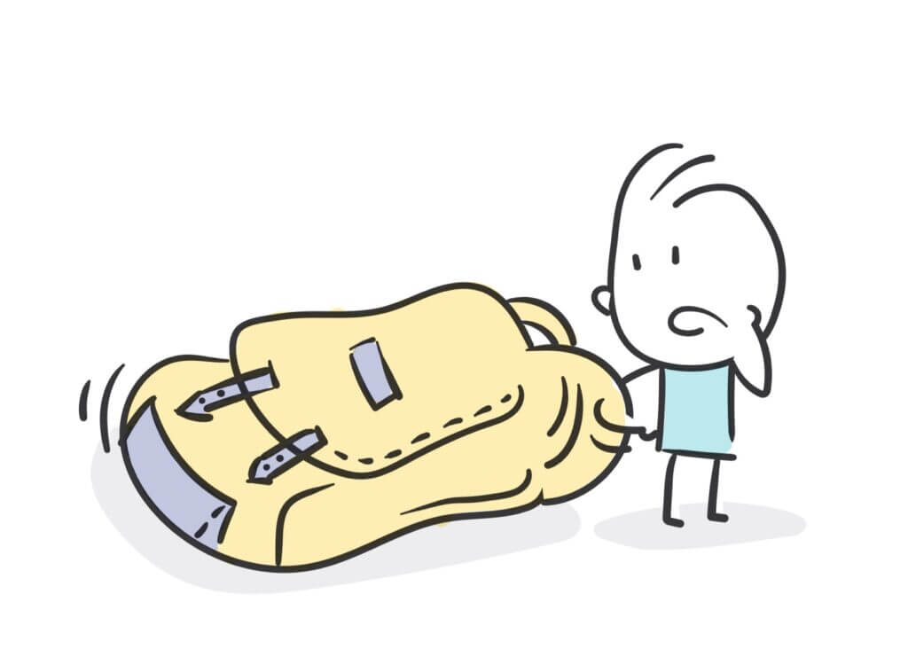 drawing of a tired cartoon boy dragging a heavy backpack - held back by mistakes or over-engineering your systems