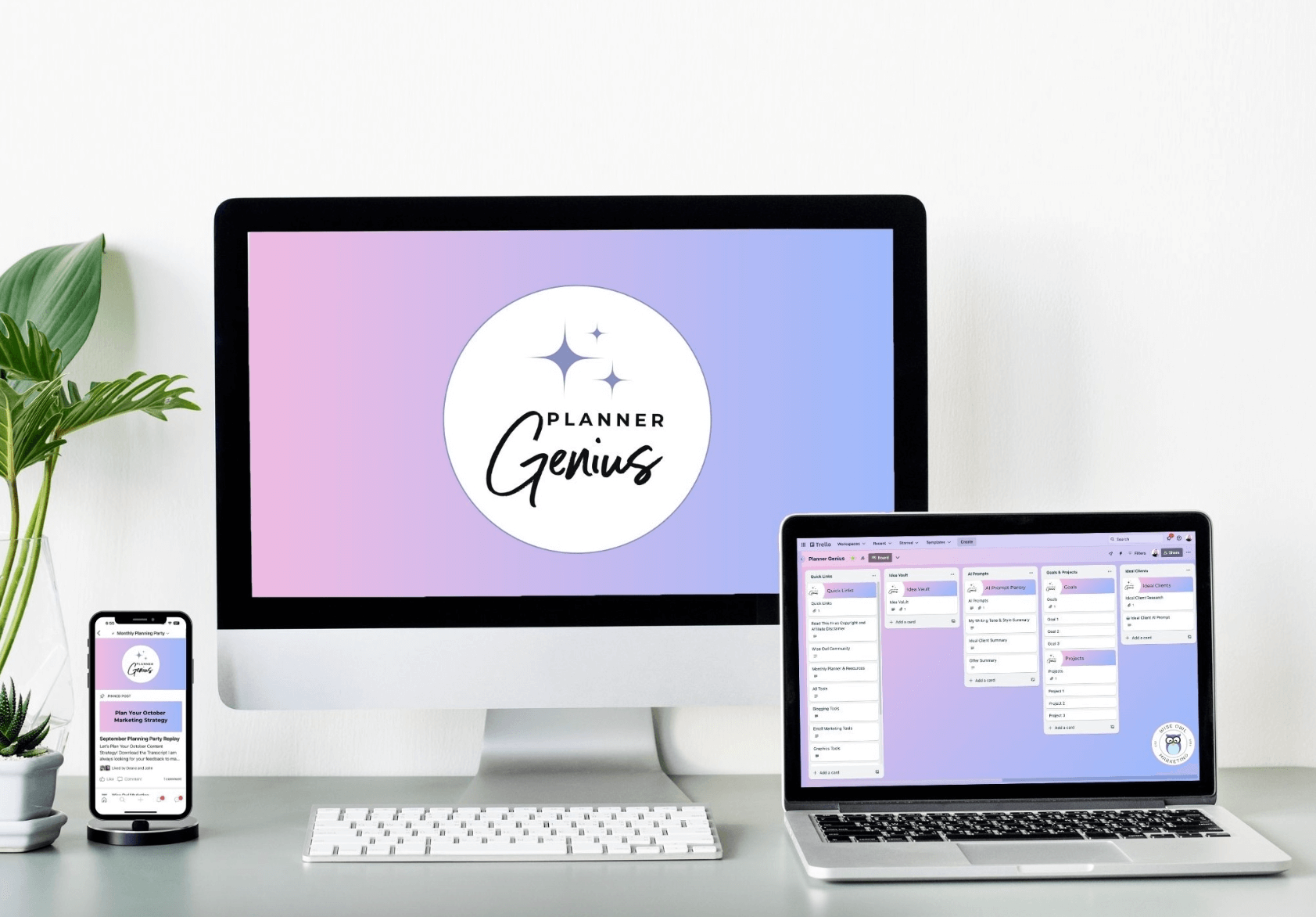 Mockup of a phone, desktop computer, and laptop showing the Planner Genius membership deliverables.