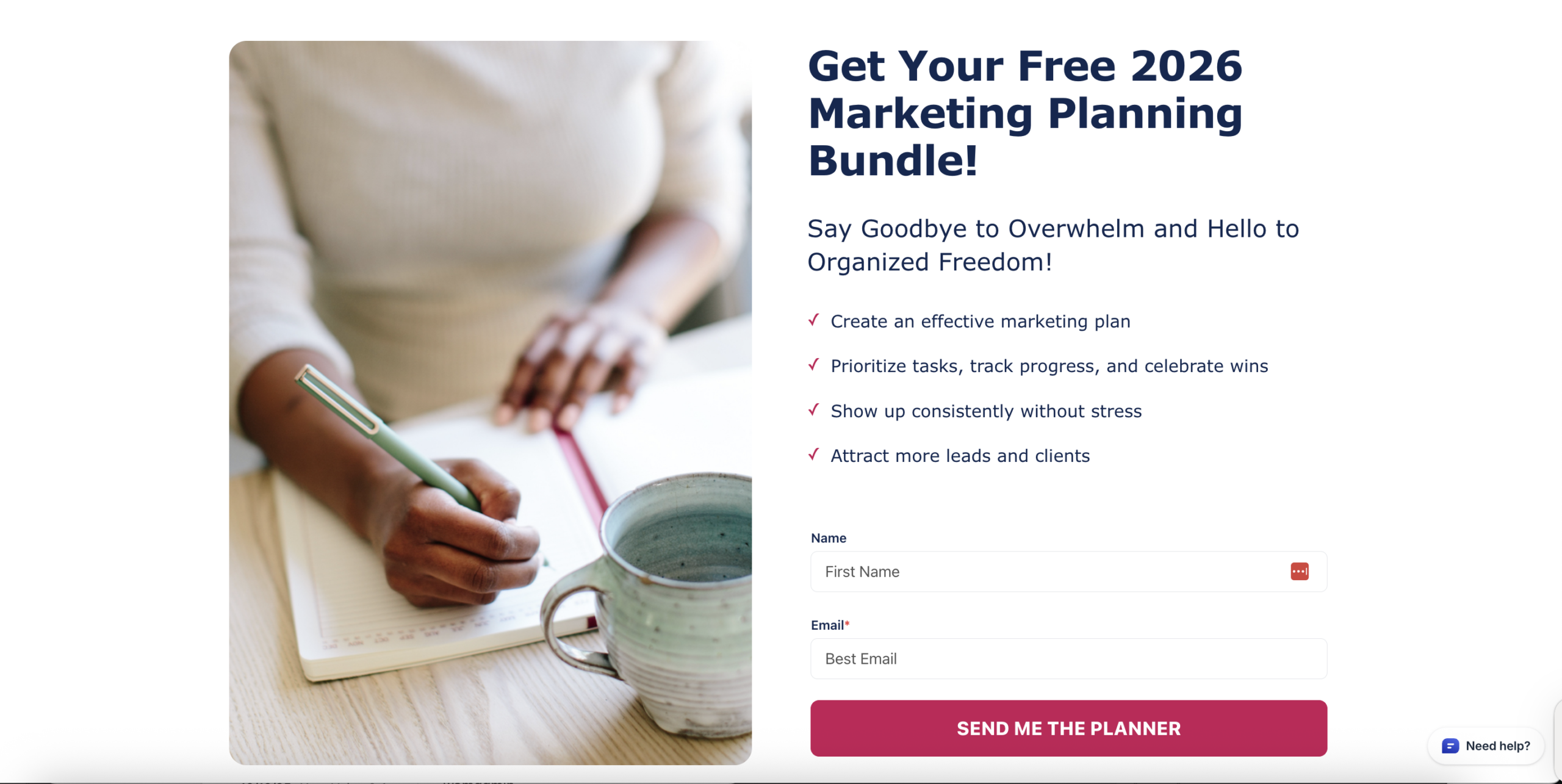 Screenshot of my 2026 Marketing Planner Bundle landing page