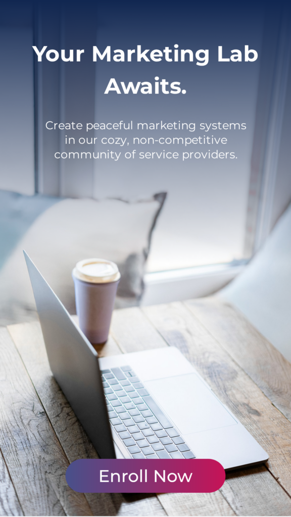 A peaceful marketing workspace with a laptop and a coffee mug on a rustic wooden table with sunlight streaming in and pillows on the chairs
