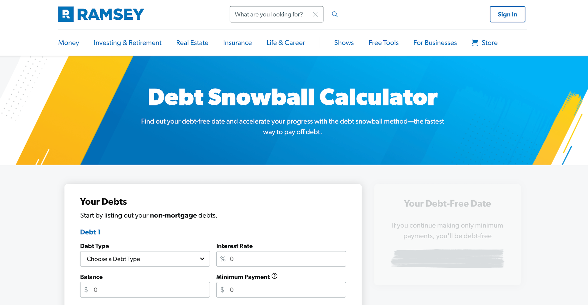 Screenshot of the Dave Ramsey Deb Snowball Calculator landing page