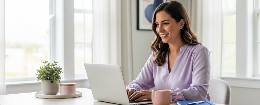 22 Lead Magnet Ideas for Coaches: The Complete Guide to Growing Your Email List in 2026 A panoramic view of a modern, peaceful home office featuring a tablet displaying an interactive coaching quiz, representing creative lead magnet ideas to grow your coaching business email list in 2026.