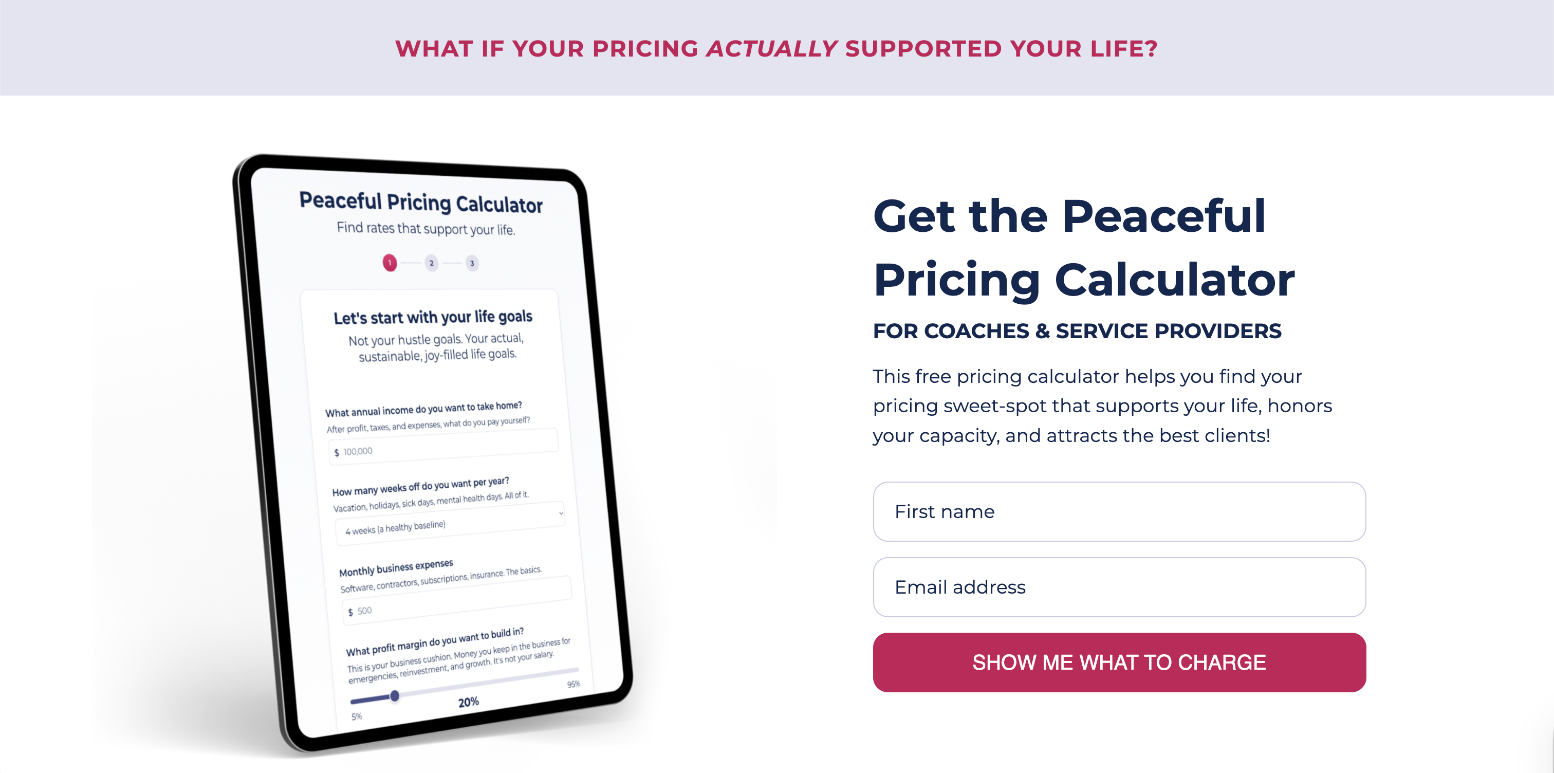 Screenshot of the Peaceful Pricing Calculator landing page showing a mockup of the calculator and the opt-in form.