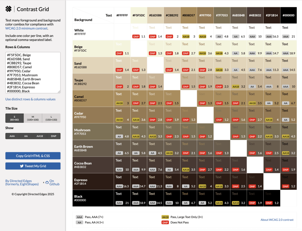 Eight shapes contrast grid of nine brown and earthy neutral swatches showing each shade's hex code and contrast ratio against white and black, detailing WCAG ratings from DNP to AAA.