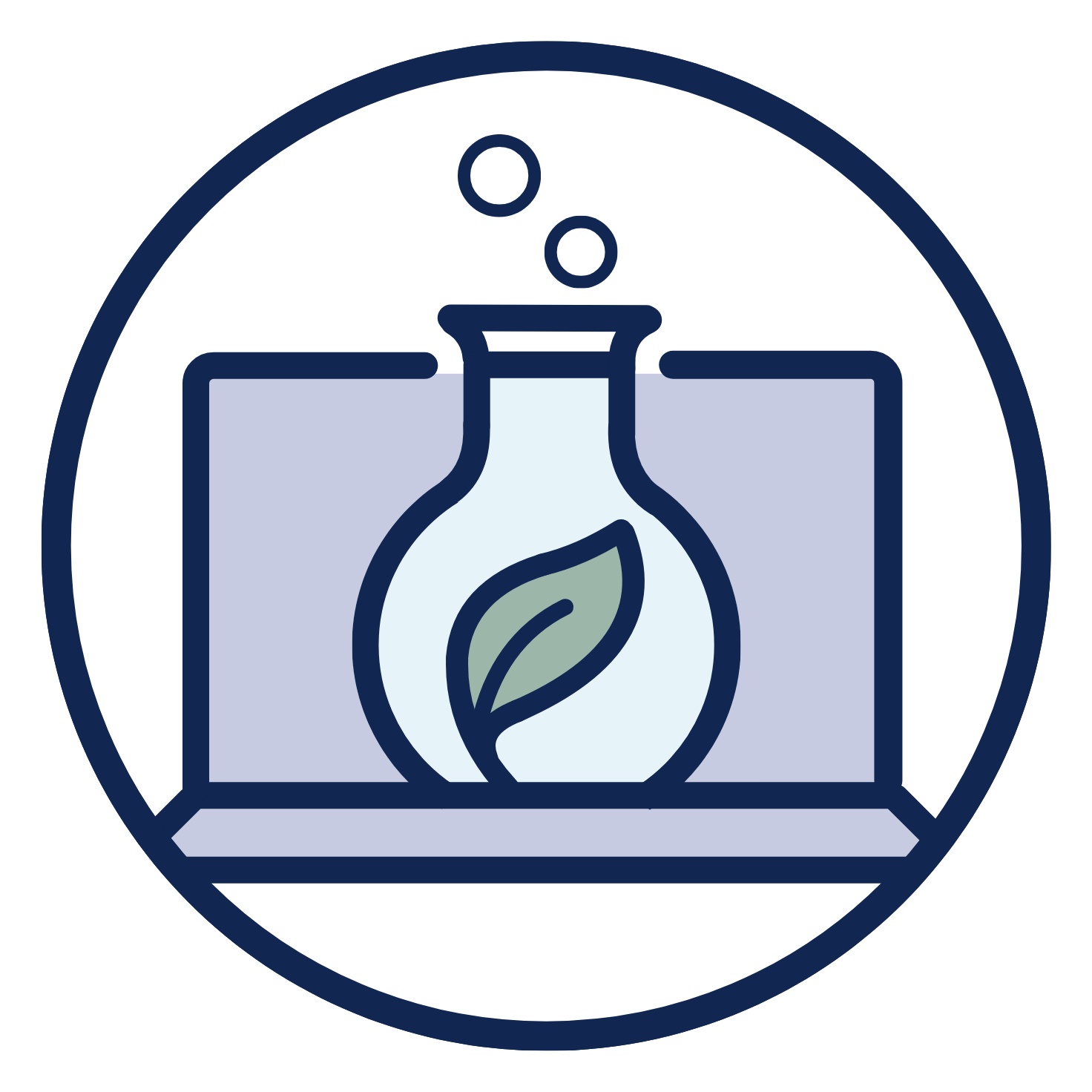 Circle with a laptop in the center and a chemistry beaker and a leaf on the screen