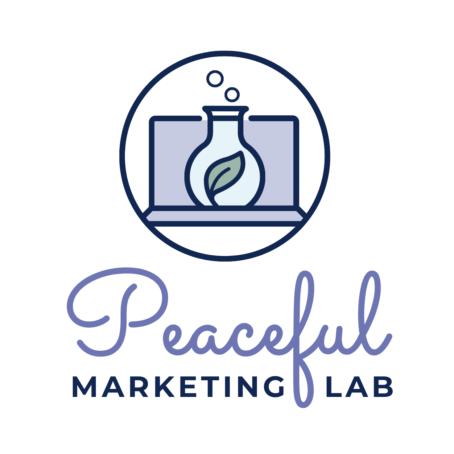 peaceful marketing lab logo with a laptop and a chemistry flask on the screen - Peaceful Marketing for Coaches