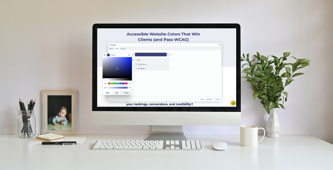 Accessible website colors shown on a desktop computer screen with a color picker to choose a high-contrast color for a blog post headline.