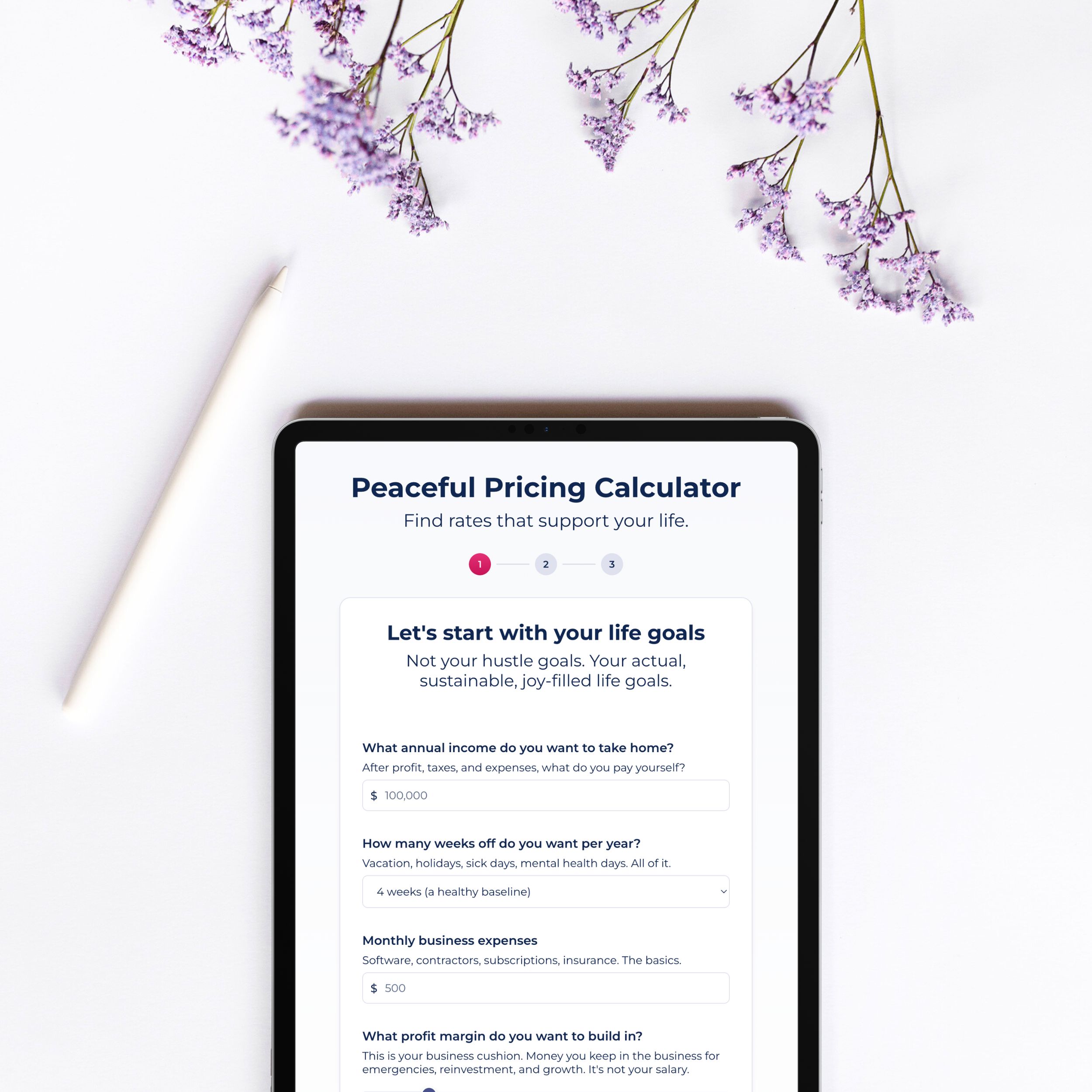 iPad and apple pencil mockup of the peaceful pricing calculator for coaches