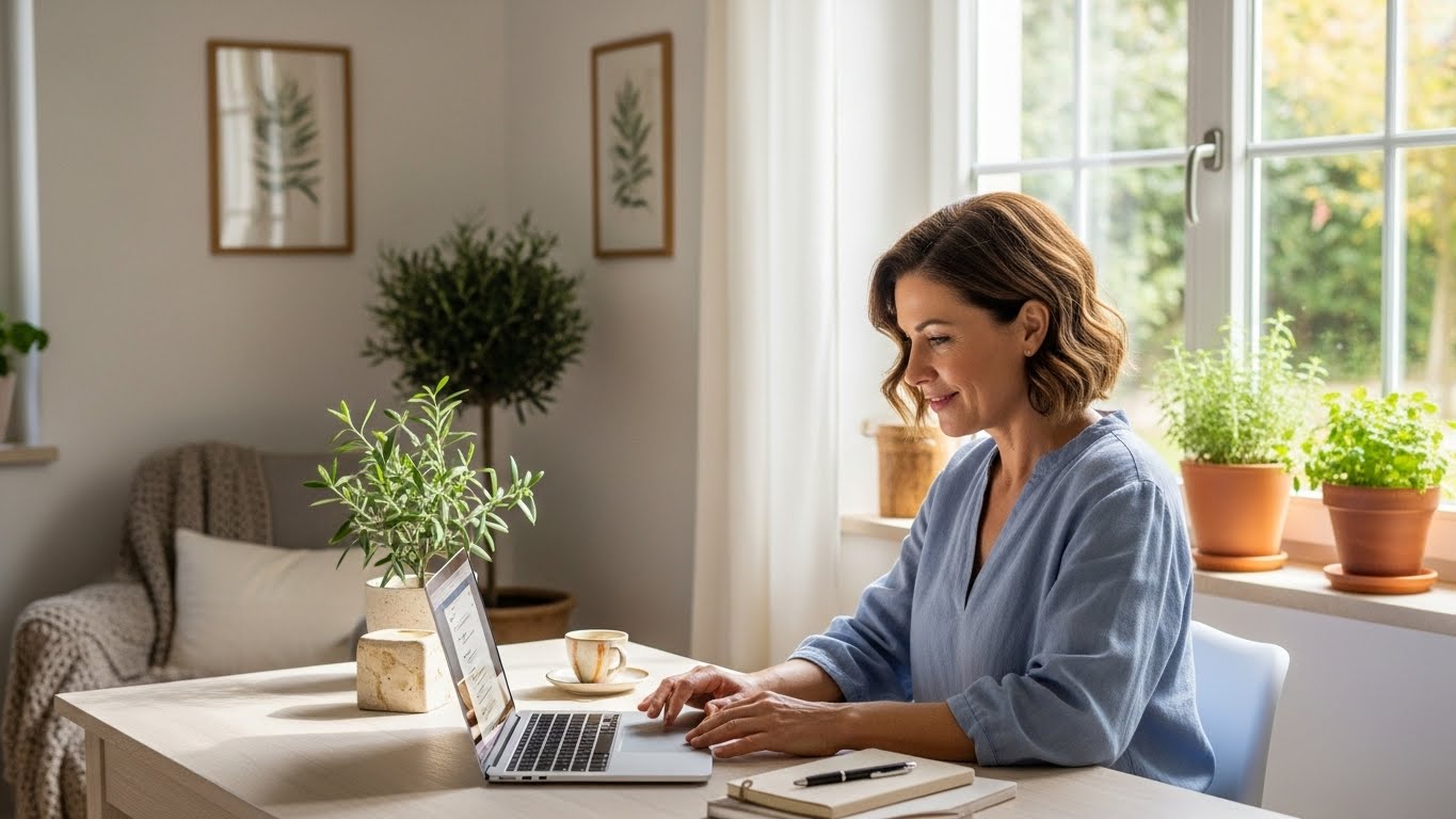 AI for Lead Generation in 2026: How to Use AI to Attract Coaching Clients Without Feeling Salesy happy woman sitting in her pretty home office using ai for lead generation