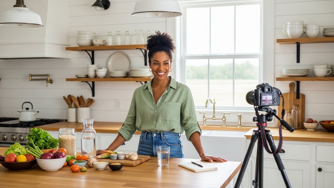 health coach recording a video in her kitchen using youtube to get clients without social media