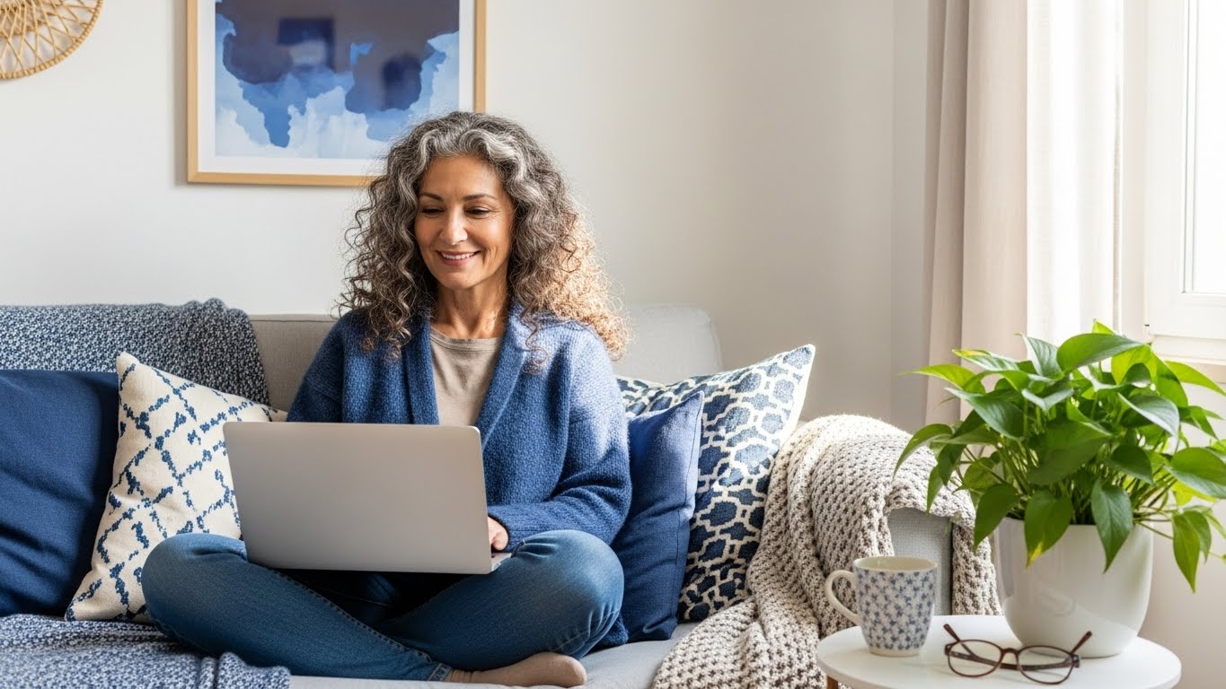 life coach sitting on her sofa with her laptop blogging to get clients without social media
