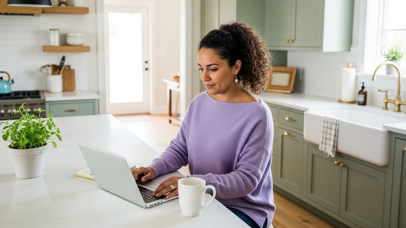Life coach sitting at her counter in modern farmhouse kitchen creating long-form content to grow her business.