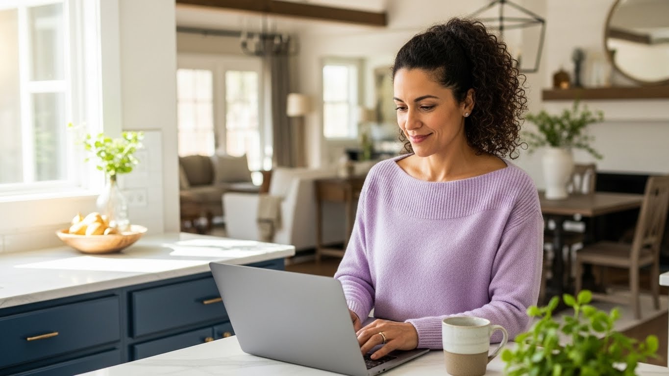 Peaceful Marketing for Coaches - Woman peacefully working on her laptop in her kitchen