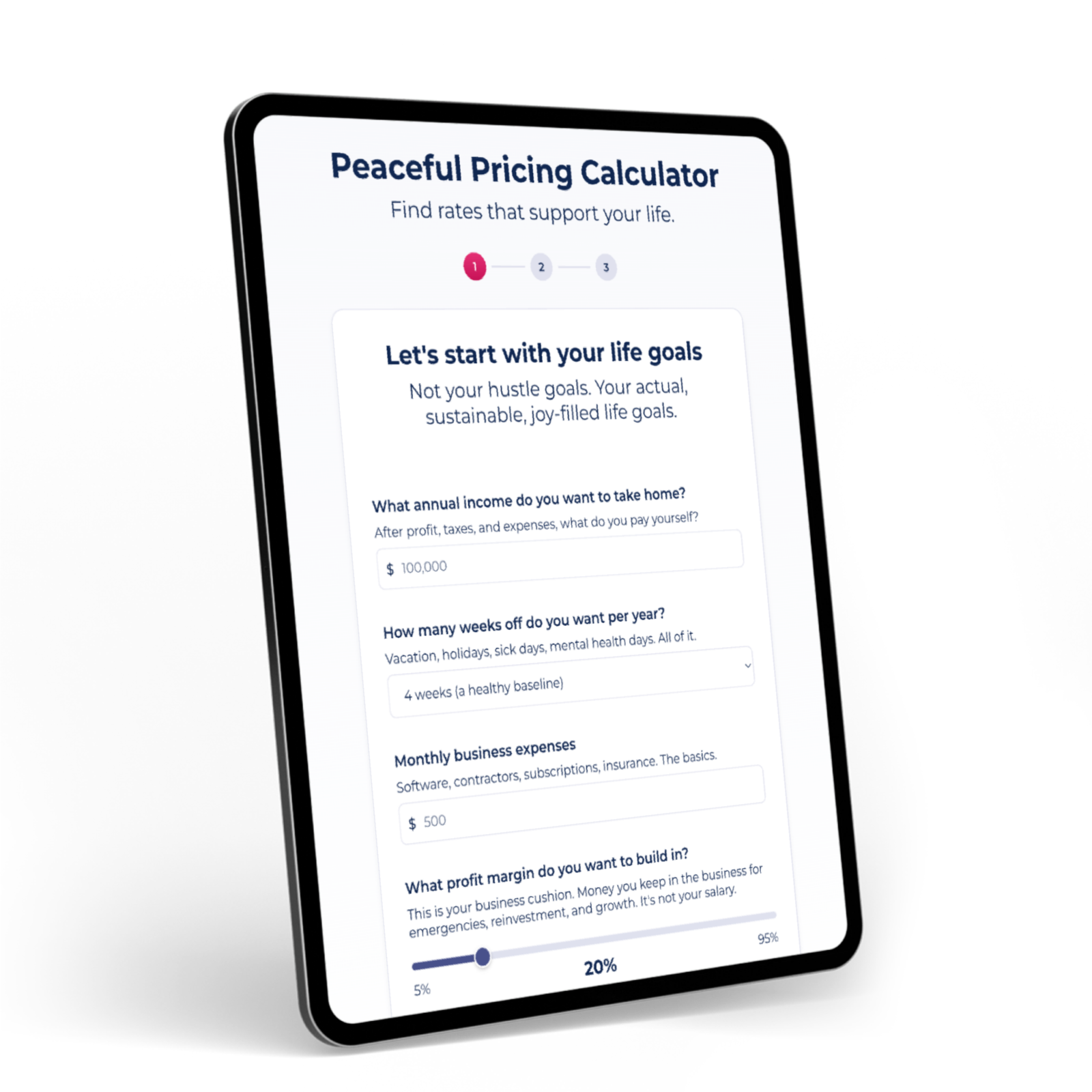 angled iPad mockup of the peaceful pricing calculator for coaches