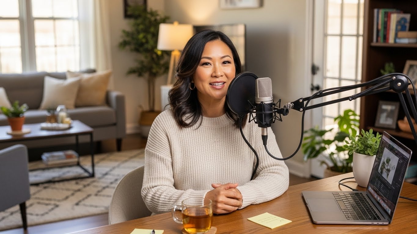 woman recording a podcast in her home office to get clients without social media