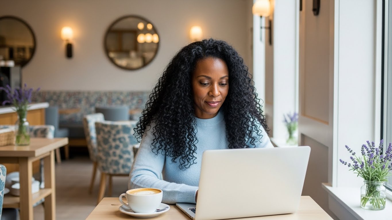 Woman in a peaceful setting practicing how to use AI without losing your voice on her laptop.