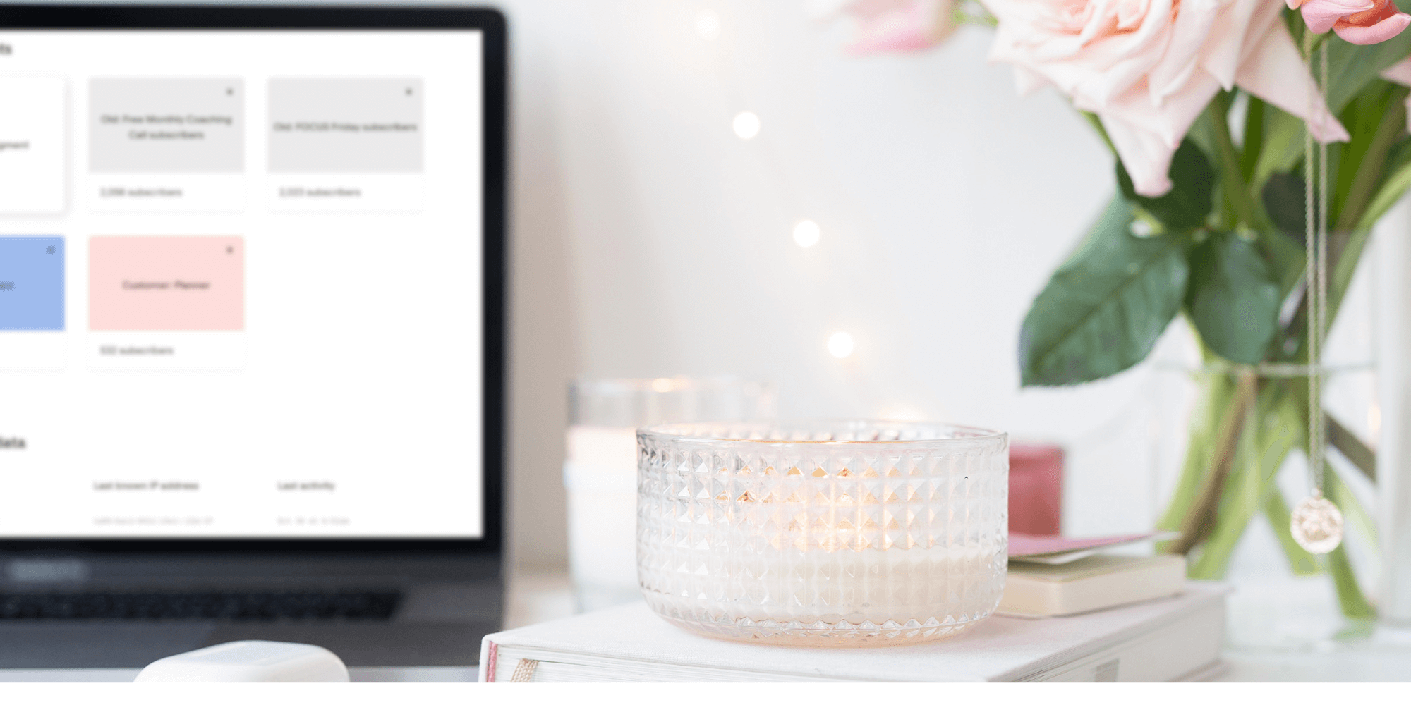 Laptop on a desk showing the Flodesk CRM system on the screen.