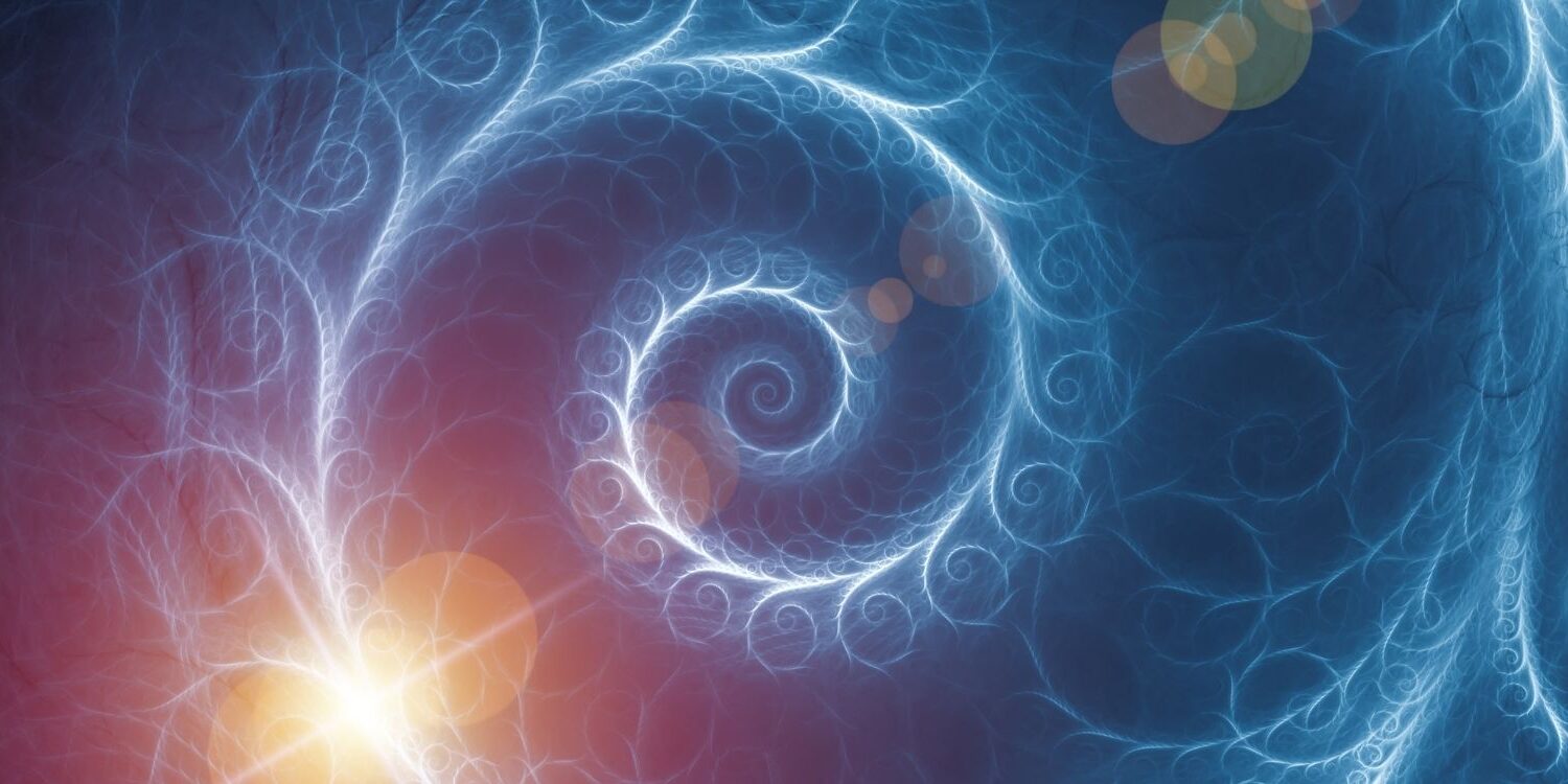 Beautiful spiral on a purple and blue background with glowing gold light in the background