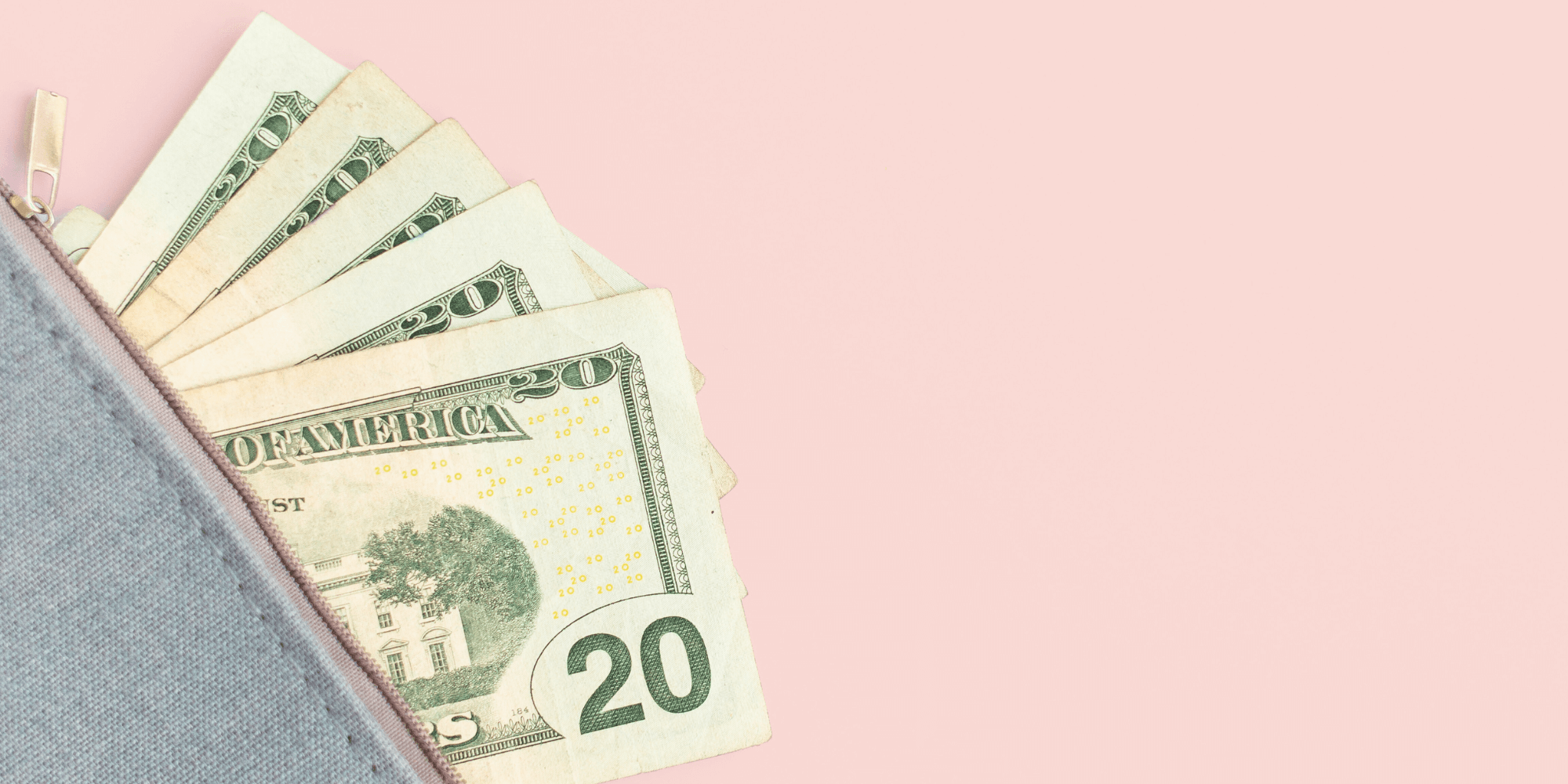 Money peeking out of a zippered case with a pink background. Hidden costs.