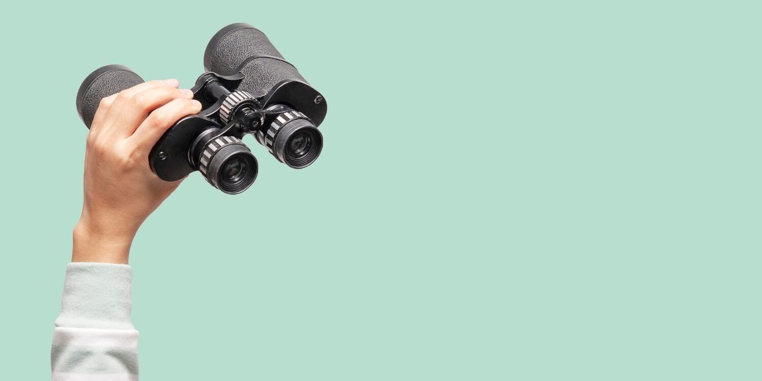 hand holding binoculars on green background for blog post "Search Engine Optimization (SEO) Resources"