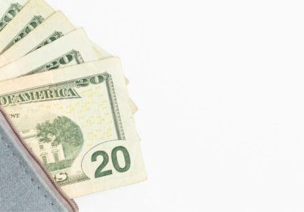 a gray zipper pouch with money poking out of it on a white background