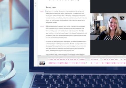 Image of laptop with Descript editor displaying on the screen for blogpost "Why Descript Rocks for Time-Strapped Business Owners: The Ultimate Video Editing Tool"